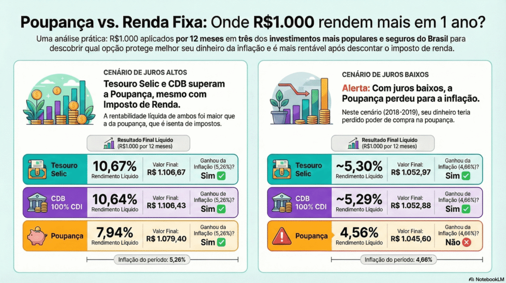 Testei R$ 1.000 na Poupança, Tesouro Direto e CDB por 1 ano. Estas 3 verdades me surpreenderam.
