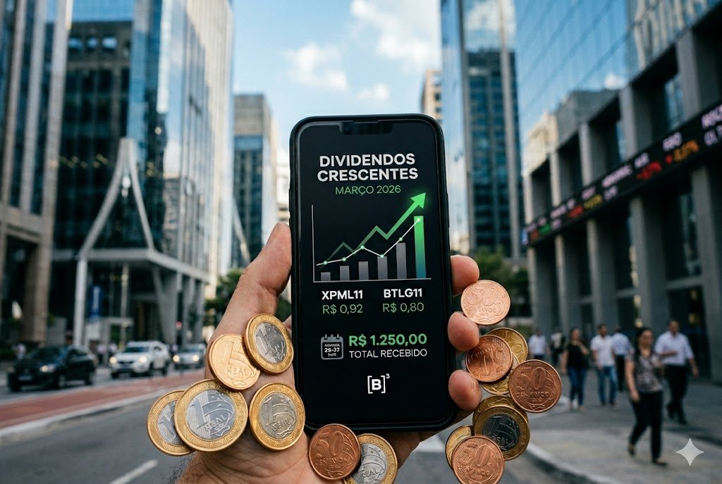 Mão segurando smartphone com gráfico de dividendos crescente e moedas de Real em uma rua de centro financeiro.