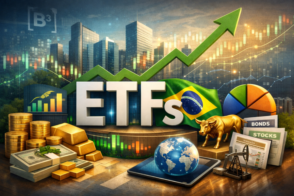 ETFs inovadores no mercado financeiro brasileiro com gráficos de alta e diversificação de portfólio