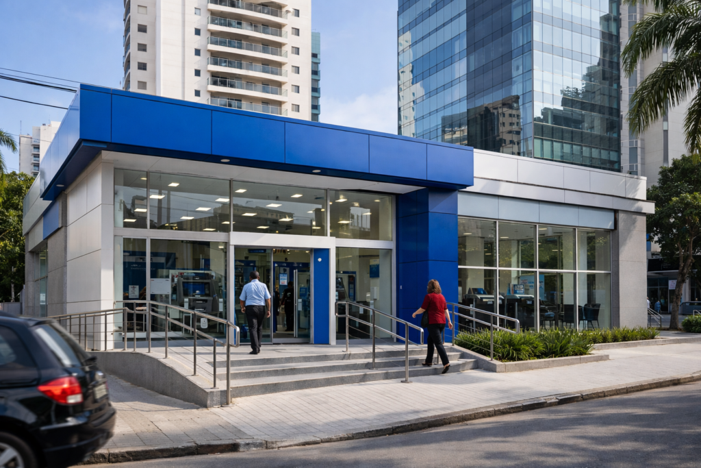 Agência bancária moderna em área urbana brasileira, representando ativos imobiliários de fundos como o BNFS11.