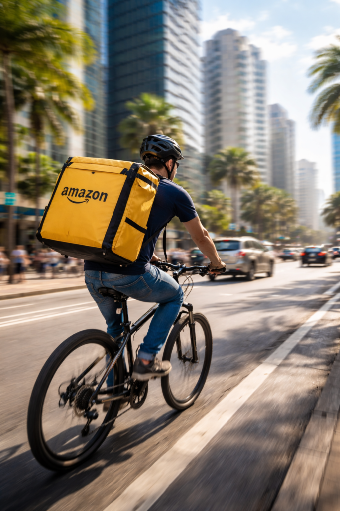 Entregador de bicicleta com mochila de delivery da Amazon em avenida de cidade brasileira moderna representando logística de entrega rápida.