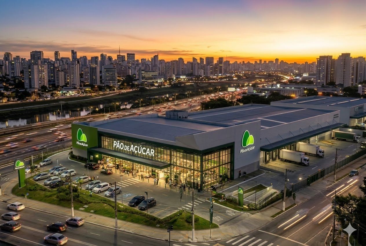 Fachada de um moderno supermercado Pão de Açúcar com logotipo verde ao pôr do sol, representando ativos imobiliários do fundo GARE11. Imagem ilustrativa