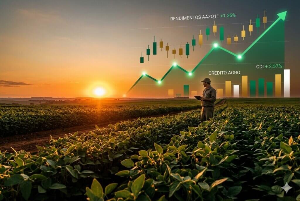 Campo de soja no pôr do sol com gráficos financeiros verdes e dourados sobrepostos, representando o Fiagro AAZQ11.