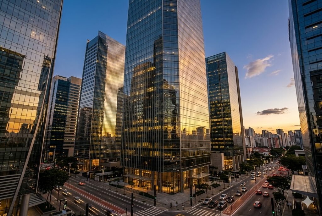 Mercado de Escritórios em São Paulo: O Fenômeno das Lajes Corporativas 1 Fachada de edifícios modernos em São Paulo representando a absorção bruta escritórios São Paulo em 2025.