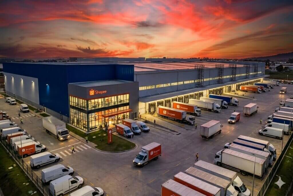 Ilustração em estilo fotográfico gerada por IA representando o novo galpão logístico do fundo ALZR11 para a Shopee, com caminhões e arquitetura industrial moderna ao pôr do sol.