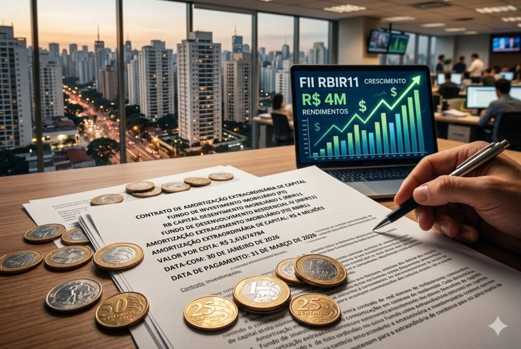 RBIR11 Anuncia Amortização Extraordinária de R$ 4 Milhões: O Que Muda? 1 Mão assinando contrato sobre mesa com moedas de Real, notebook exibindo gráfico de crescimento financeiro com texto RBIR11 R$ 4M" e fundo desfocado com prédios residenciais modernos em iluminação de fim de tarde.