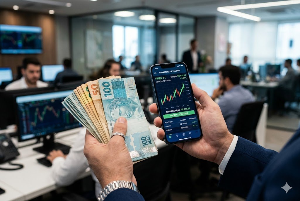 Investidor segura cédulas de real e smartphone com anúncio de futura amortização do fundo imobiliário PNDL11.