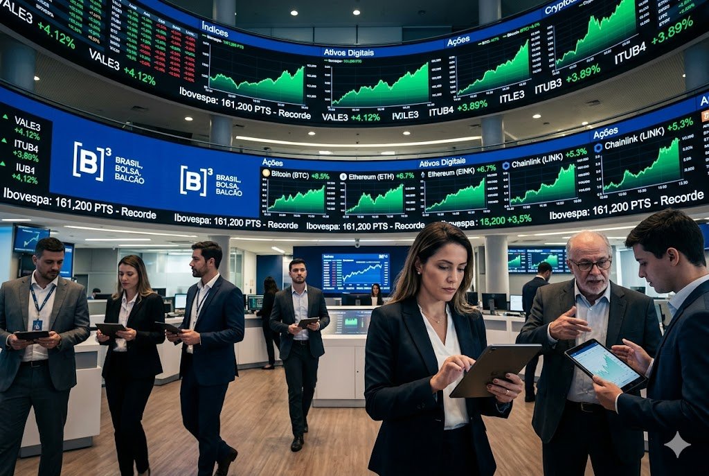 Painel da B3 com gráficos de alta em ETFs e Criptomoedas com investidores ao fundo.