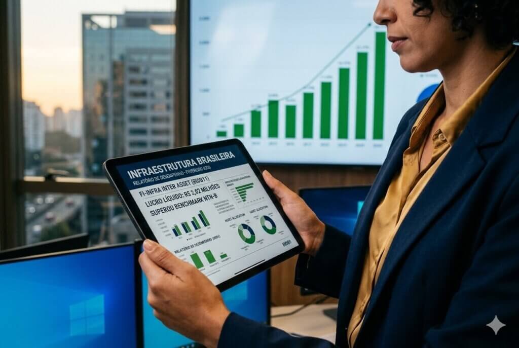 Gráficos financeiros de barras verdes e tablet com dados de investimentos do BIDB11.