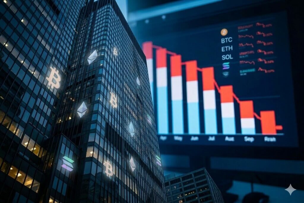 Fachada de prédio comercial moderno em Chicago sobreposta por um gráfico de barras em queda e ícones sutis de criptomoedas, simbolizando a crise financeira da BlockFills.