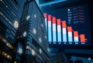 Fachada de prédio comercial moderno em Chicago sobreposta por um gráfico de barras em queda e ícones sutis de criptomoedas, simbolizando a crise financeira da BlockFills.