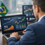 Analista financeiro observando gráficos de juros, inflação e taxa Selic em notebook em escritório moderno no Brasil.