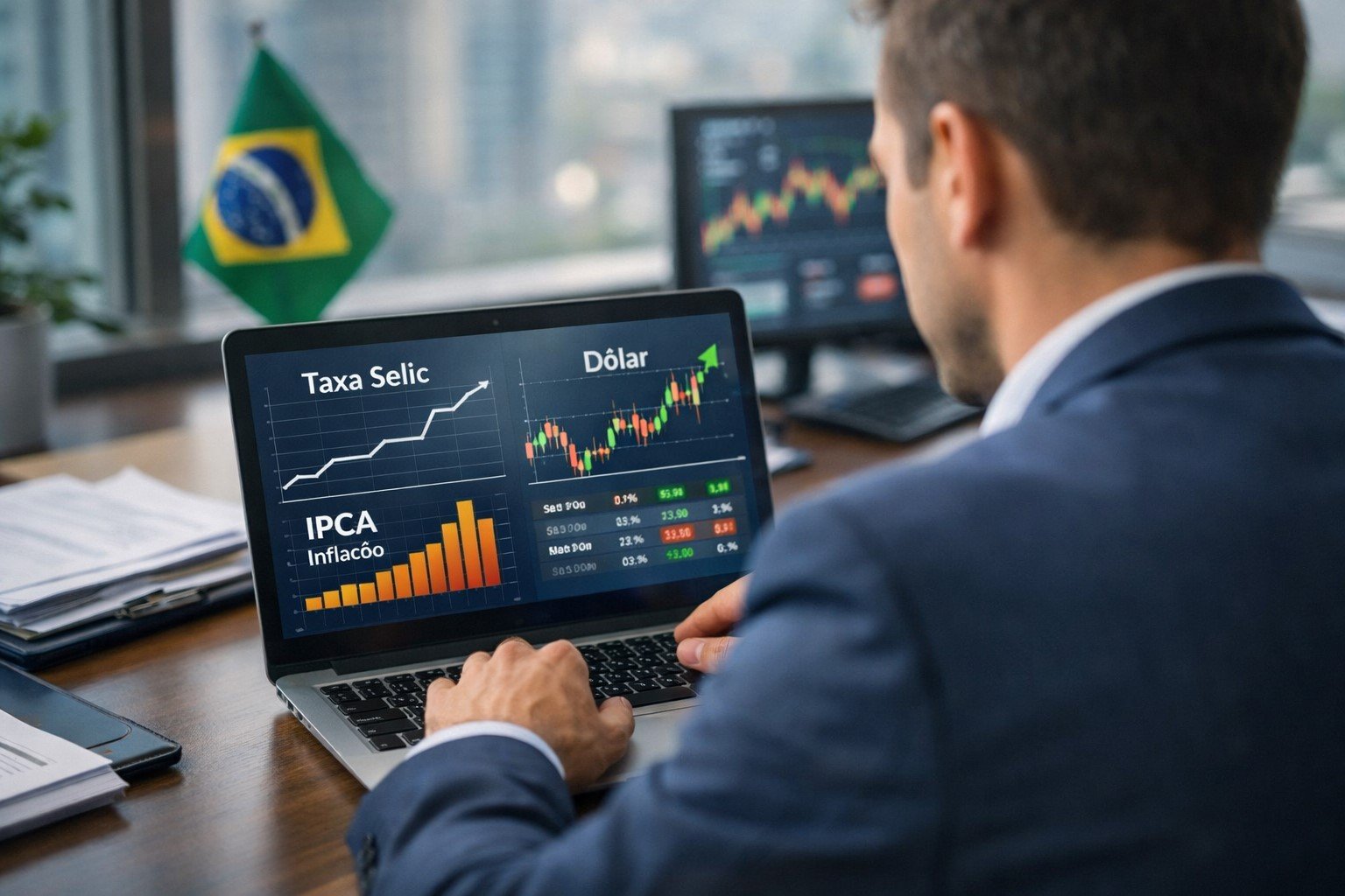 Analista financeiro observando gráficos de juros, inflação e taxa Selic em notebook em escritório moderno no Brasil.
