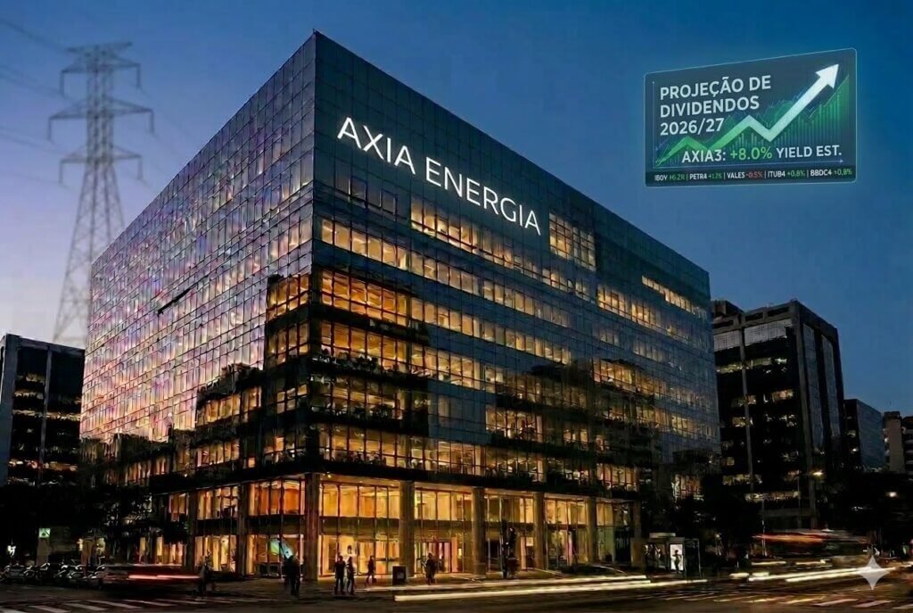 AXIA3, no fundo, uma torre de transmissão elétrica simboliza o setor de energia. Estilo jornalístico e profissional para mercado financeiro.