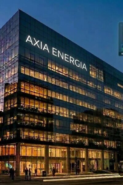 PROJEÇÃO DE DIVIDENDOS 2026/27", destacando o ticker AXIA3 com rendimento estimado de 8.0%. No plano de fundo, à esquerda, uma torre de transmissão de energia elétrica simboliza a infraestrutura do setor elétrico brasileiro.