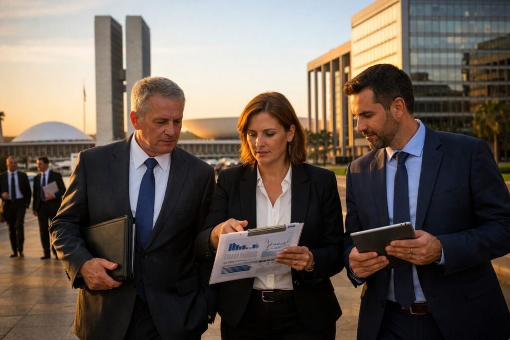 Imagem atual: Executivos caminhando em Brasília analisando documentos financeiros e dados de mercado, representando estratégias do banco BRB e o contexto da ação BSLI4 no mercado financeiro brasileiro.