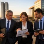 Executivos caminhando em Brasília analisando documentos financeiros e dados de mercado, representando estratégias do banco BRB e o contexto da ação BSLI4 no mercado financeiro brasileiro.