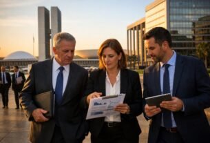 Executivos caminhando em Brasília analisando documentos financeiros e dados de mercado, representando estratégias do banco BRB e o contexto da ação BSLI4 no mercado financeiro brasileiro.