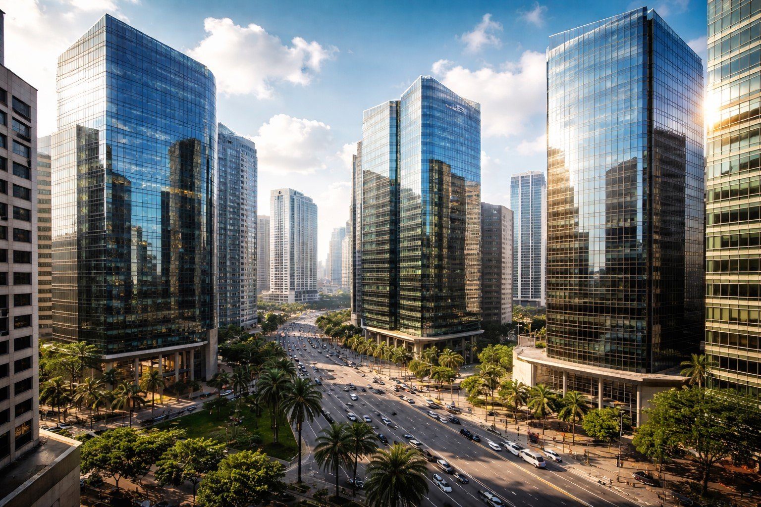 Distrito financeiro brasileiro com prédios corporativos representando o mercado bancário em meio à notícia de que o BTG Pactual avalia comprar o Banco Digimais.