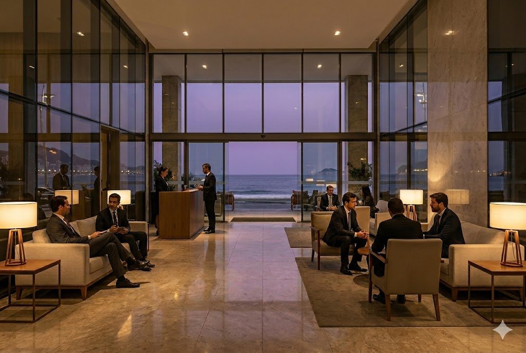 Executivos em reunião no lobby de um hotel de luxo moderno com vista para o mar ao entardecer. Representando o novo fundo imobiliário BTG de Hotéis Premium