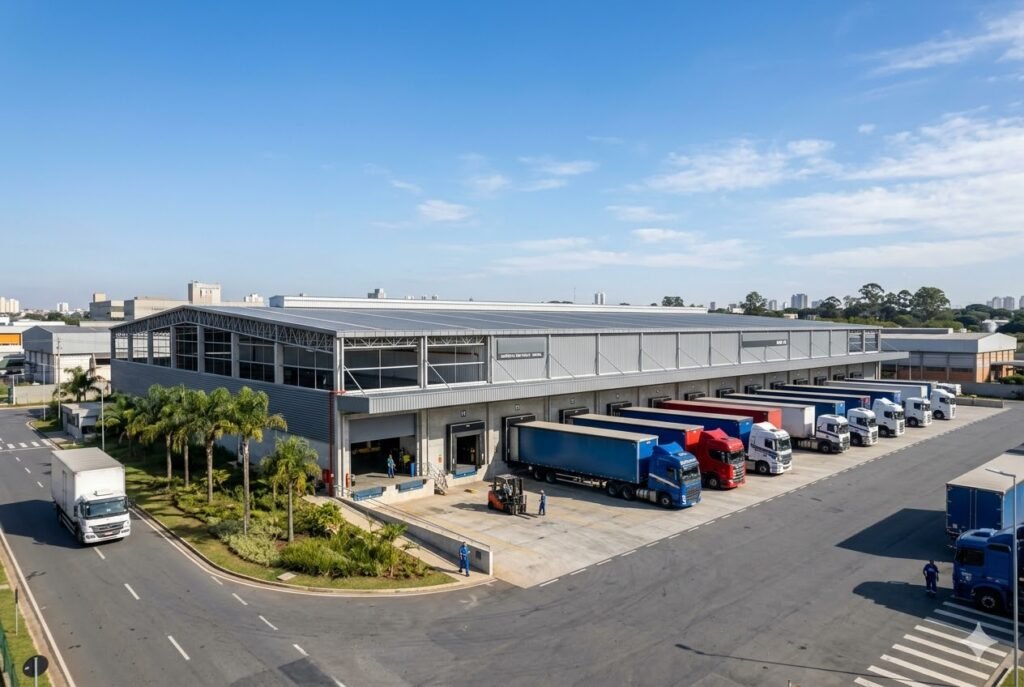 Fotografia aérea de um galpão logístico moderno com diversos caminhões estacionados em docas de carregamento, representando a infraestrutura de ativos do fundo imobiliário BTLG11 em São Paulo.