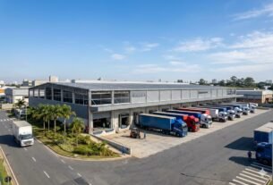 Fotografia aérea de um galpão logístico moderno com diversos caminhões estacionados em docas de carregamento, representando a infraestrutura de ativos do fundo imobiliário BTLG11 em São Paulo.