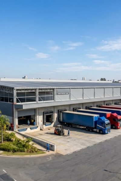 Fotografia aérea de um galpão logístico moderno com diversos caminhões estacionados em docas de carregamento, representando a infraestrutura de ativos do fundo imobiliário BTLG11 em São Paulo.