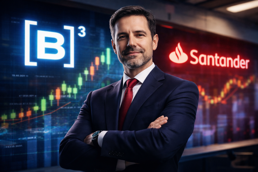 CEO da B3 assume o comando do Santander: o que esperar dessa dança das cadeiras no mercado financeiro 1 Imagem ilustrativa de executivo com gráficos financeiros e logos da B3 e Santander ao fundo.