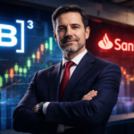 Imagem ilustrativa de executivo com gráficos financeiros e logos da B3 e Santander ao fundo.