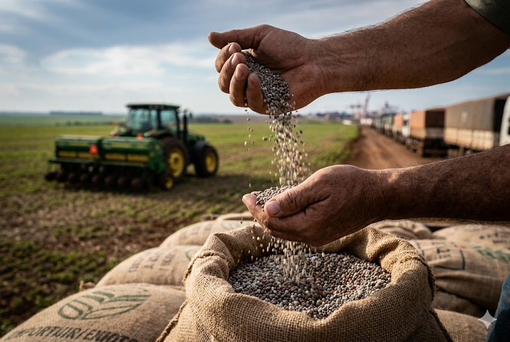 Close-up de mãos de agricultor segurando e derramando fertilizantes granulados em uma plantação, com um trator ao fundo.