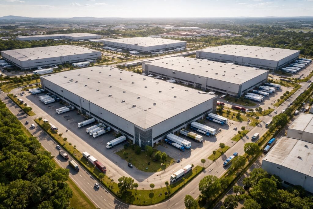Condomínio de galpões logísticos no Brasil com caminhões em centros de distribuição, ilustrando a vacância de galpões logísticos.