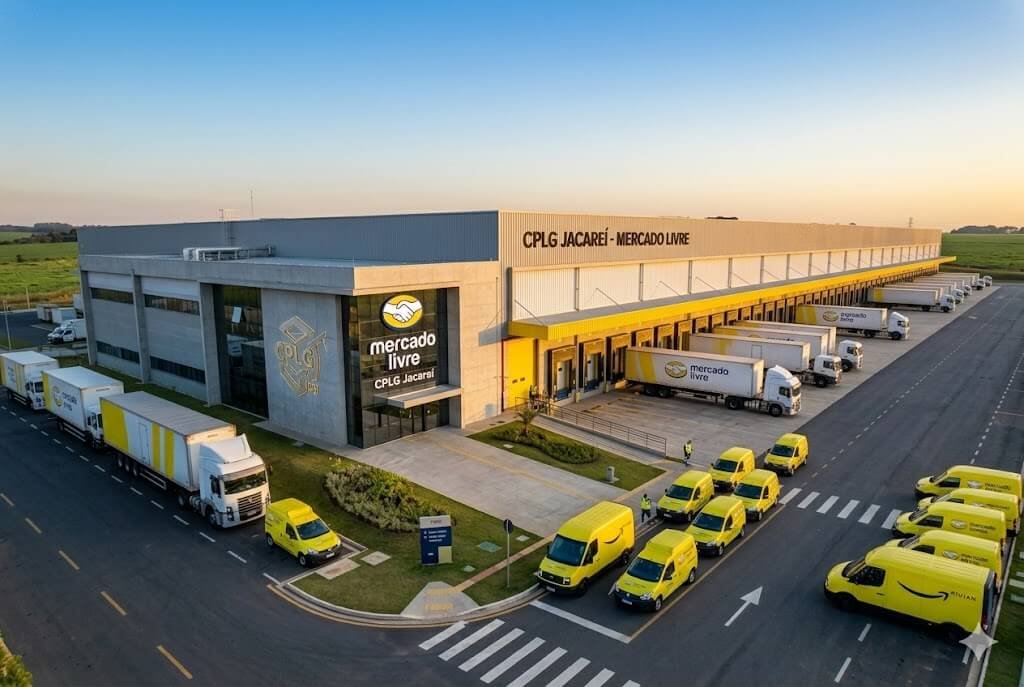 Projeção digital de um galpão logístico moderno do fundo CPLG11 em Jacareí, com veículos de transporte em um centro de distribuição.