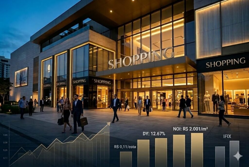 Fotografia moderna e profissional de uma fachada de shopping center de luxo com pessoas caminhando, sobreposta por gráficos financeiros de barras e linhas subindo, representando os dividendos e o crescimento do fundo imobiliário CPSH11.