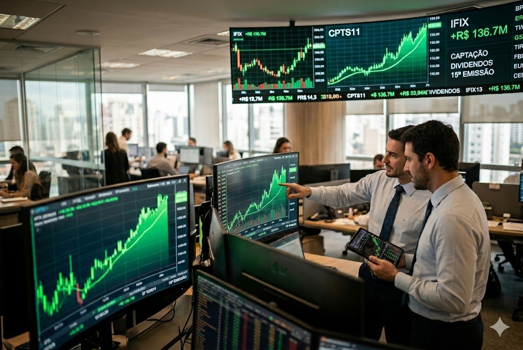 Dois analistas financeiros em um escritório moderno observando gráficos de barras verdes crescentes em telas de alta tecnologia, representando o sucesso da captação do fundo CPTS11.