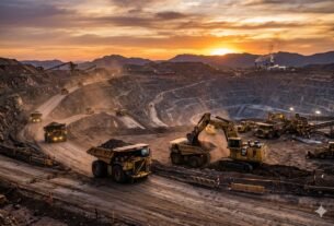 Fotografia jornalística CSN de uma mina de minério de ferro a céu aberto com caminhões fora de estrada e escavadeiras operando sob uma luz alaranjada de pôr do sol.