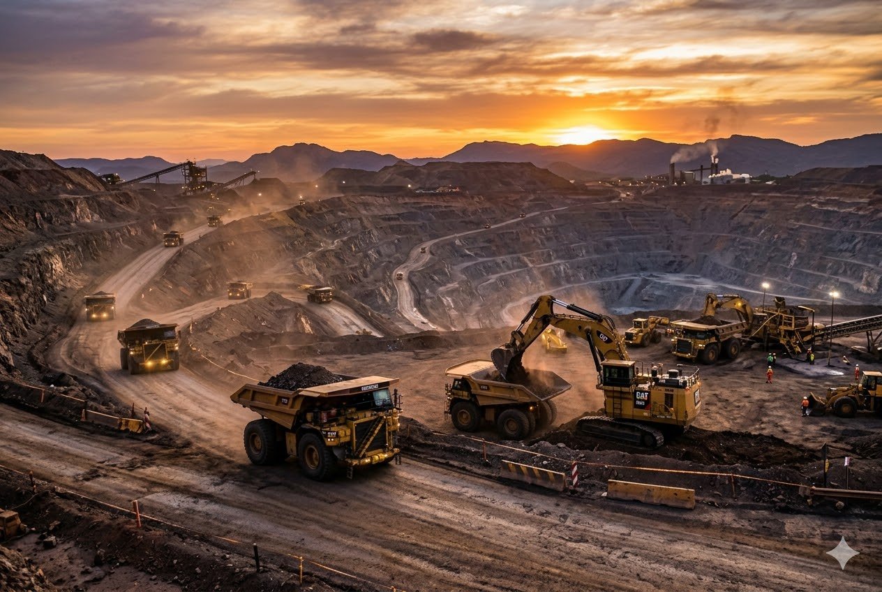 Fotografia jornalística CSN de uma mina de minério de ferro a céu aberto com caminhões fora de estrada e escavadeiras operando sob uma luz alaranjada de pôr do sol.