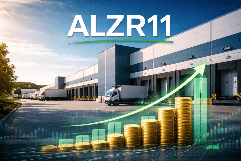 Galpões logísticos modernos com caminhões em operação e gráfico financeiro de dividendos estáveis representando o fundo imobiliário ALZR11.