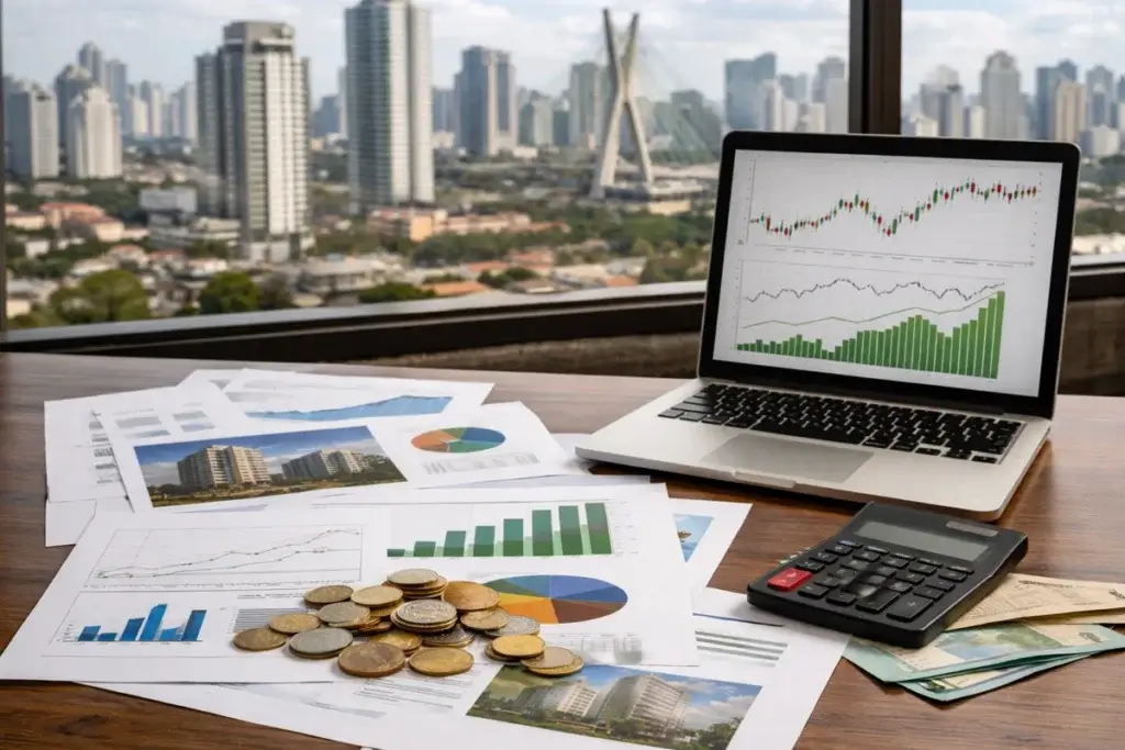 Mesa corporativa com relatórios de investimentos imobiliários, gráficos financeiros e moedas brasileiras representando pagamento de dividendos de fundos imobiliários nesta semana.