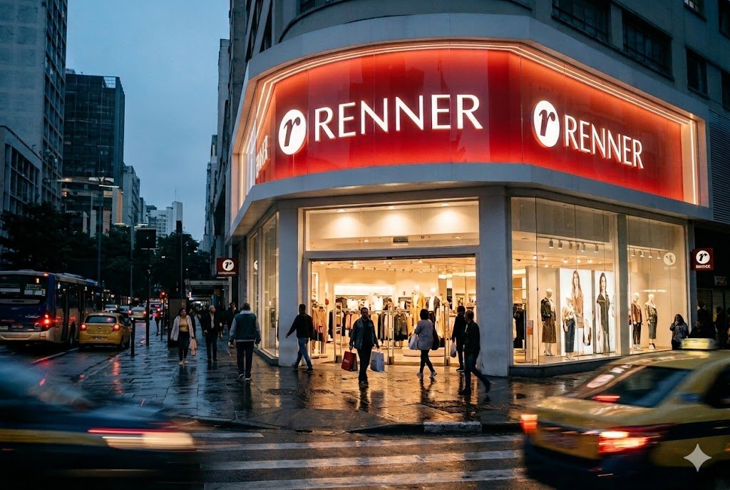 Dividendos Lojas Renner LREN3: Tudo Sobre o Novo Pagamento de R$ 217,4 Milhões 1 Fotografia de uma fachada de lojas Renner em uma esquina movimentada ao anoitecer. O letreiro principal é vermelho com o nome "RENNER" em letras brancas iluminadas. Pedestres caminham pela calçada molhada e carros passam em movimento rápido (efeito motion blur) na rua.