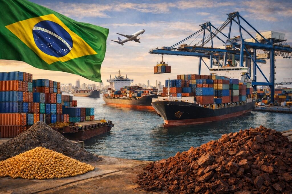 Imagem atual: porto de exportação no Brasil com navios cargueiros e contêineres representando comércio exterior