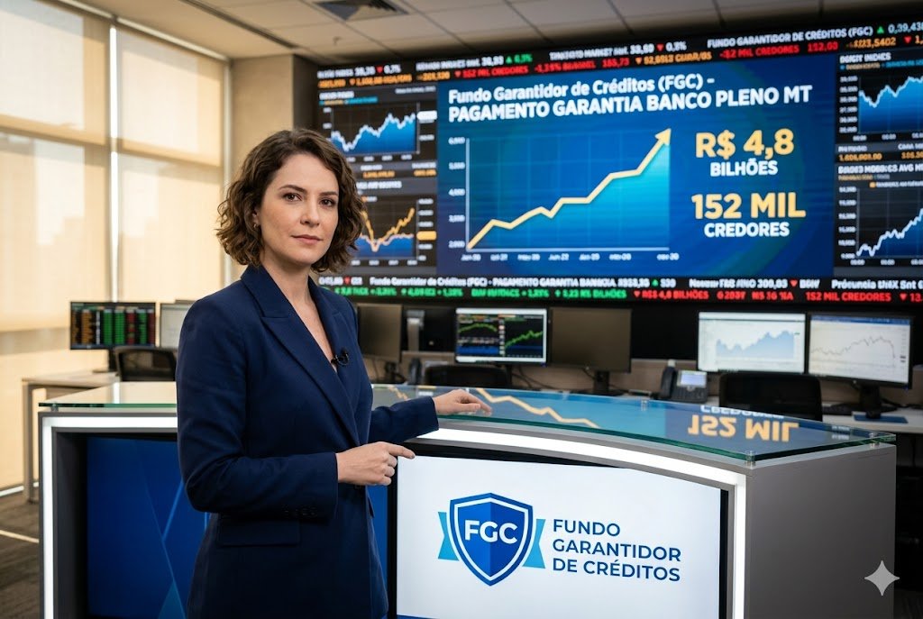 FGC- Uma jornalista de blazer azul está de pé em um cenário de estúdio de notícias financeiras. Ela está à esquerda, apontando para um grande ecrã de LED no fundo. O ecrã mostra gráficos e o texto "Fundo Garantidor de Créditos (FGC) - PAGAMENTO GARANTIA BANCO PLENO MT" com "R$ 4,8 BILHÕES" e "152 MIL CREDORES". Um logótipo do FGC está em primeiro plano no balcão à direita. O ambiente tem vários monitores e janelas de escritório