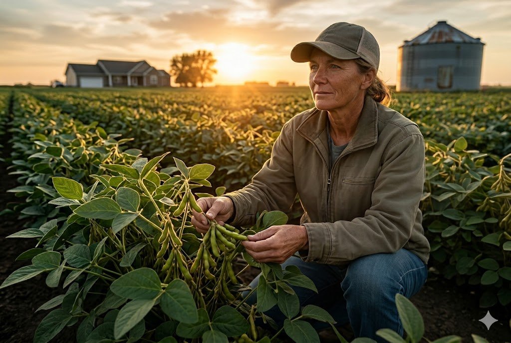 Fotografia jornalística de uma mulher agachada em uma plantação de soja, segurando vagens da planta sob a luz do entardecer. Representando Fiagros
