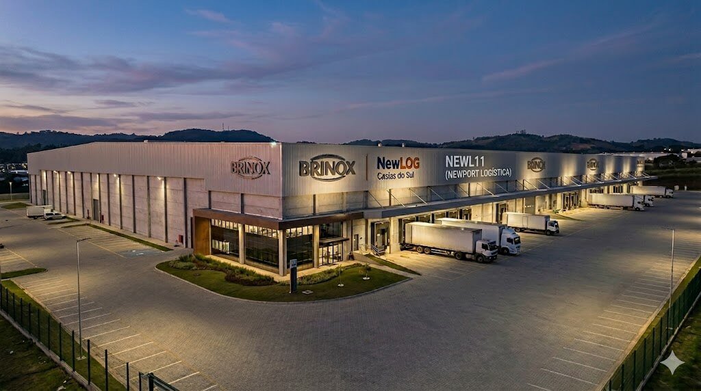 Representação conceitual de um galpão logístico do fundo NEWL11, com o logotipo da Brinox e o impacto da saída da inquilina na receita do FII.