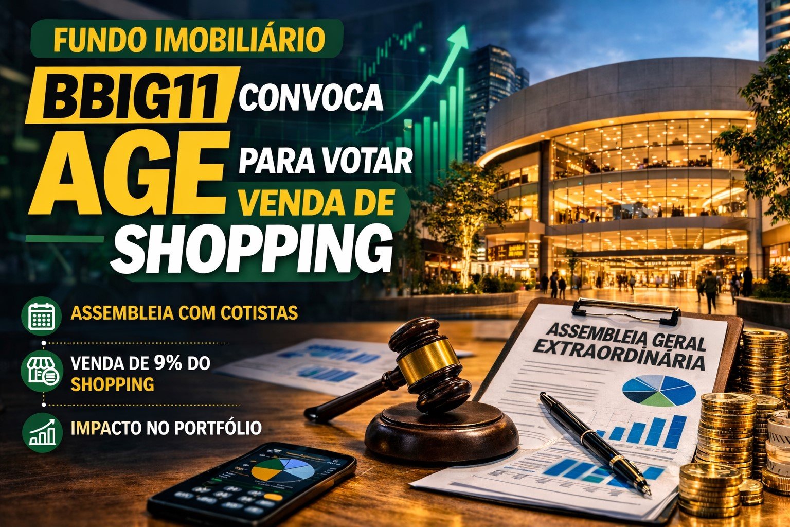Assembleia de cotistas do fundo imobiliário BBIG11 para votação de venda de participação em shopping center.