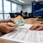 Fundo Imobiliário RSPD11 anuncia amortização milionária de R$ 14 milhões 3 Close-up de investidor segurando notas de Real sobre contrato de investimento do FII RSPD11 em um escritório moderno com gráficos financeiros ao fundo.