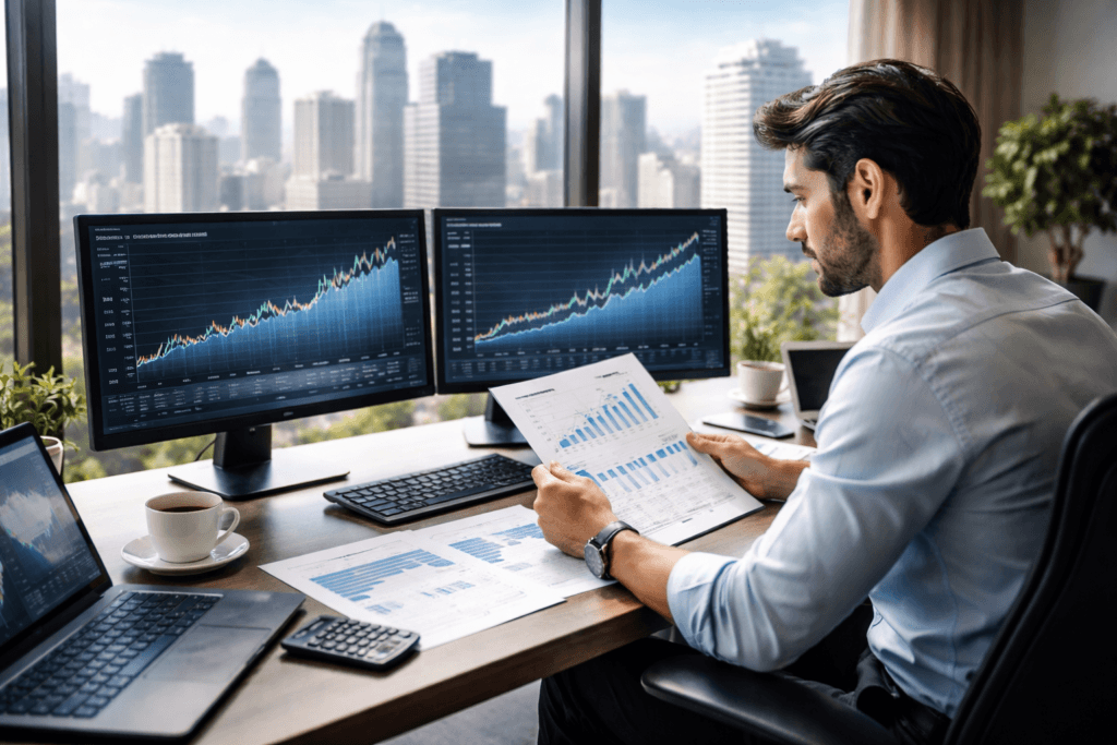 Analista financeiro analisando projeções de fundos imobiliários (FIIs) e crescimento de dividendos, em escritório corporativo moderno.