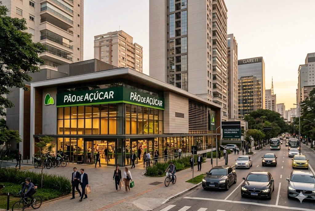 Fachada moderna e iluminada de um supermercado Pão de Açúcar em bairro nobre de São Paulo, cercada por edifícios residenciais de alto padrão, com tráfego de veículos e pedestres em estilo executivo ao entardecer, representando a valorização imobiliária do fundo GARE11.