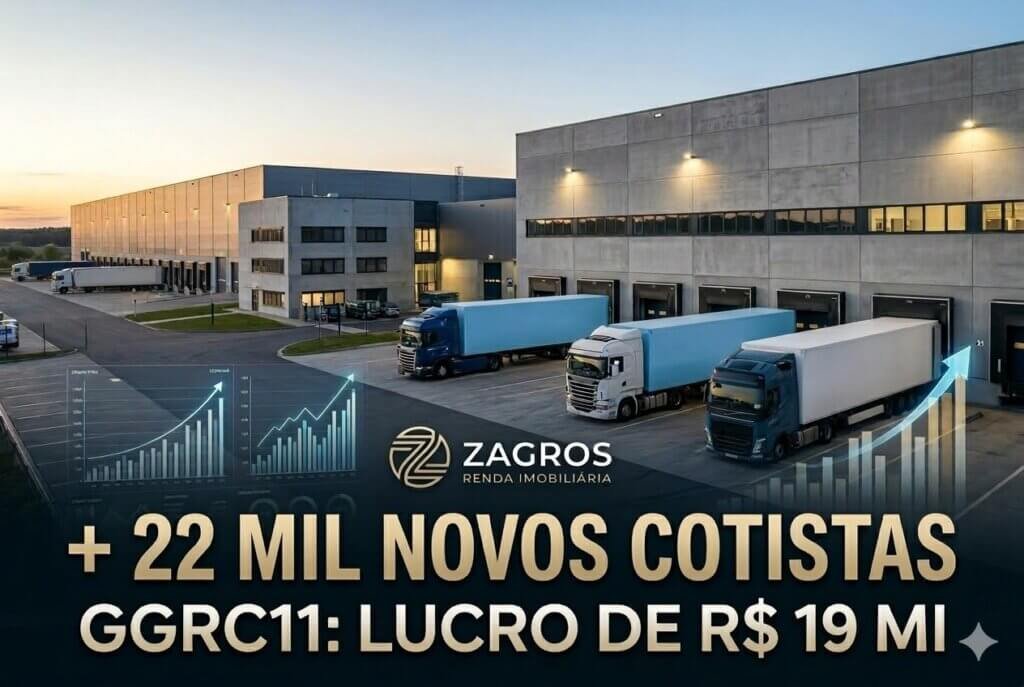 Fachada de galpões logísticos modernos com caminhões e gráficos financeiros de crescimento, representando o desempenho do fundo GGRC11.