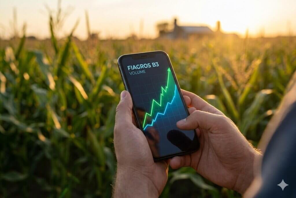 Close-up de mãos segurando um smartphone que exibe um gráfico financeiro de alta com o texto "Fiagros na B3 Volume", investidores estrangeiros, tendo ao fundo um campo de milho ensolarado em estilo fotográfico profissional.