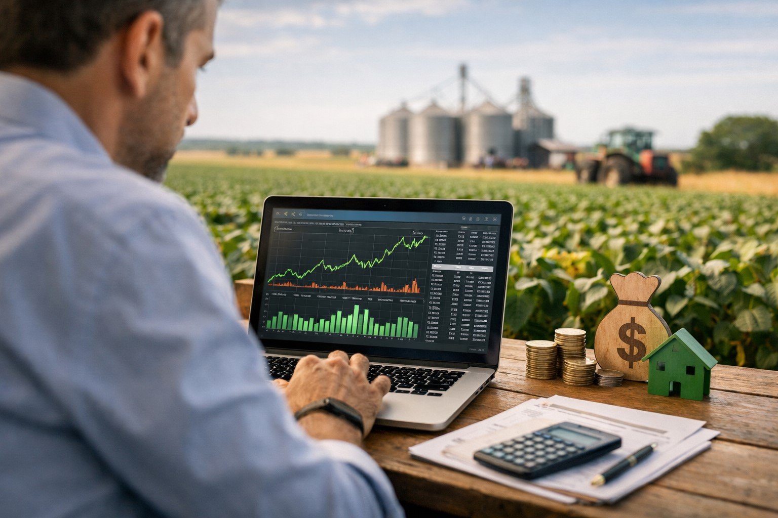 Investidor analisando gráficos financeiros em notebook com fazenda ao fundo representando investimento em Fiagro IAAG11